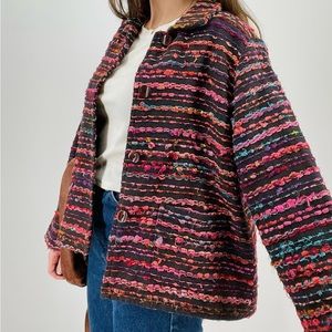 vintage boho rainbow thread detail button down jacket black size L